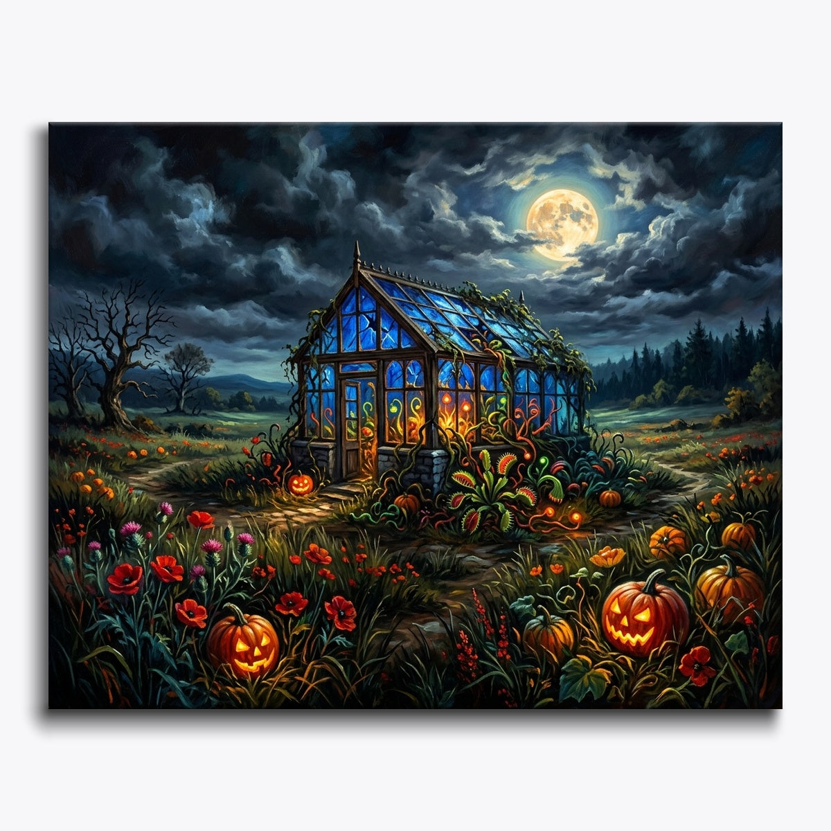 Creepy Greenhouse In Moonlit Meadow