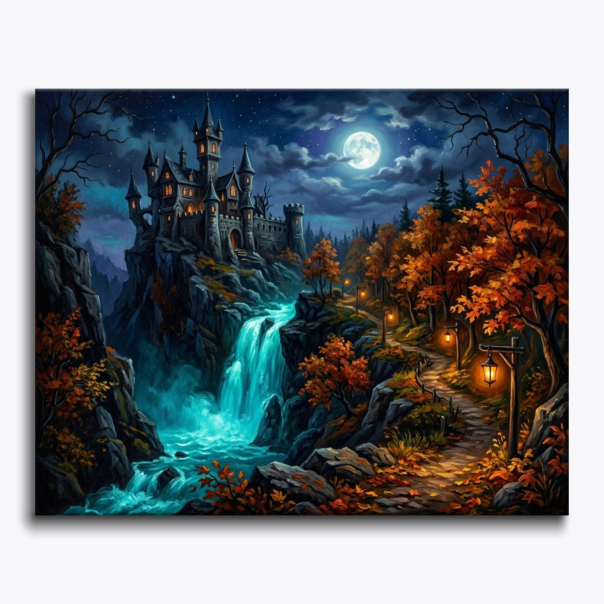 Crooked Castle Above Turquoise Waterfall