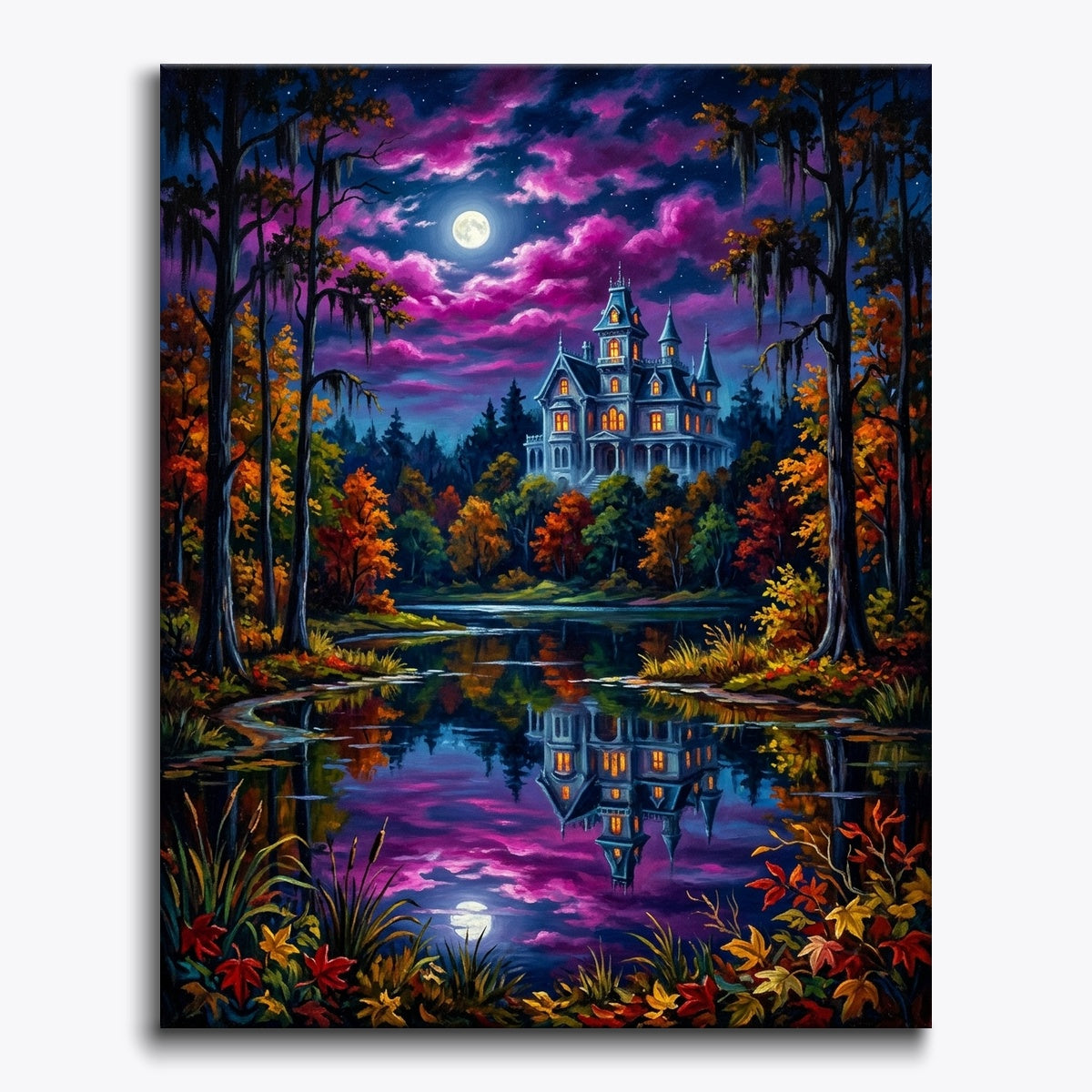 Mansion Reflected In Moonlit Pond