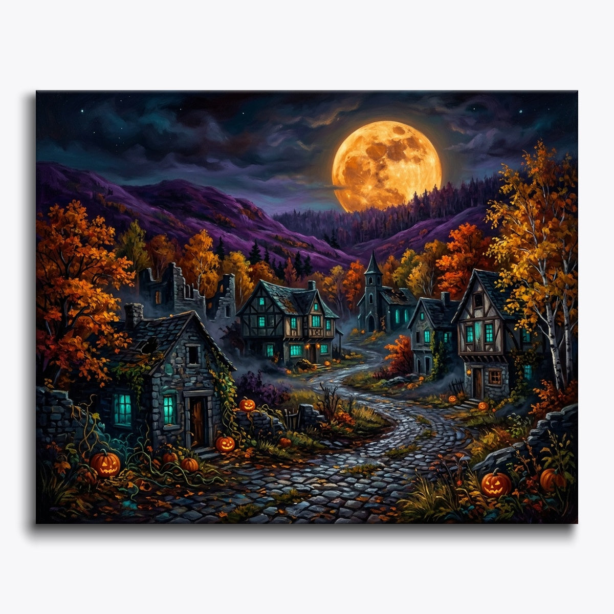 Abandoned Village Under Amber Moon