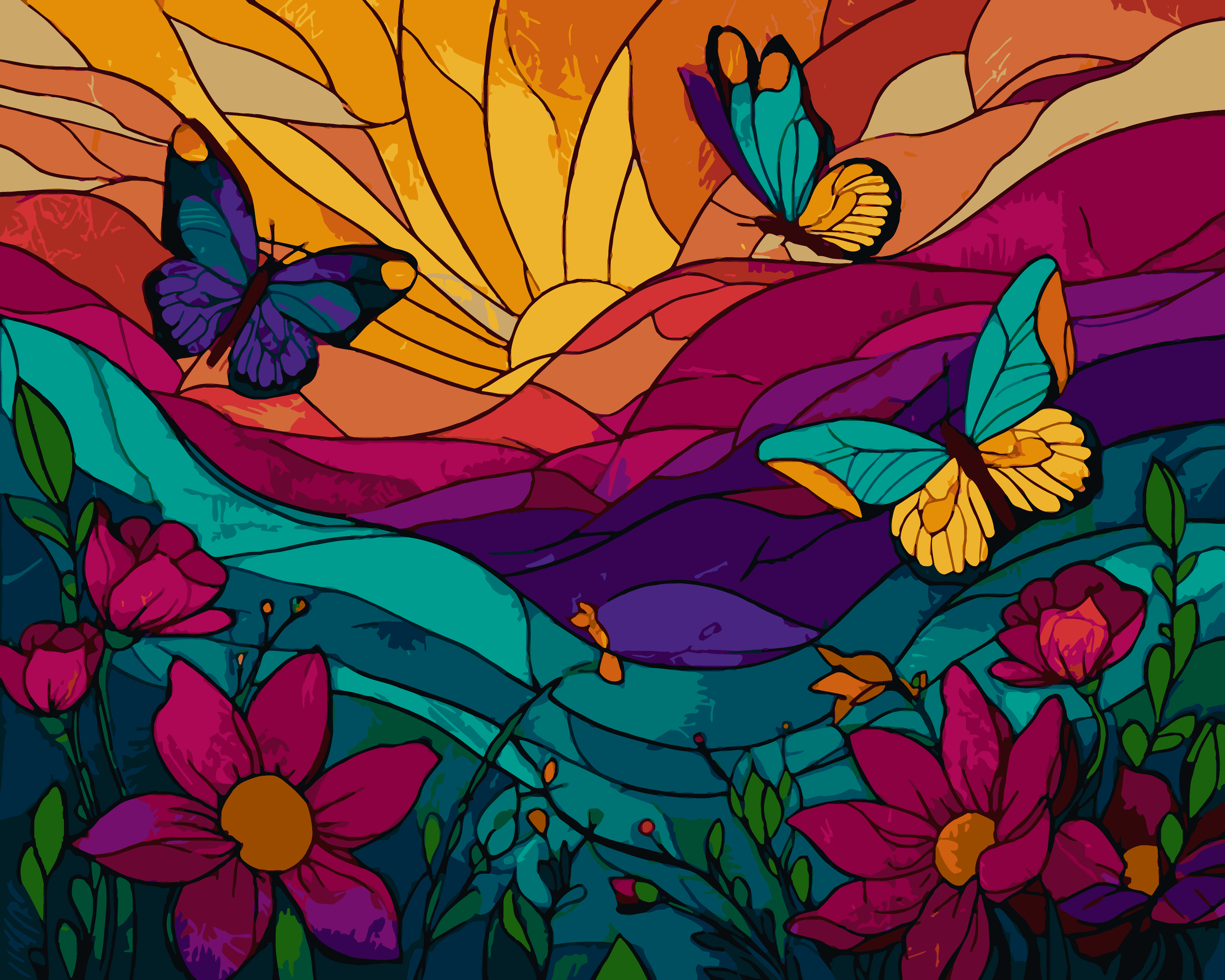 Stainedglass Butterfly Flowers